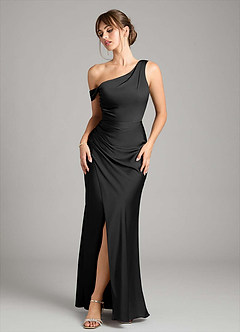 Azazie Madelyn Bridesmaid Dresses Black Mermaid One Shoulder Stretch Satin Convertible Dress image1
