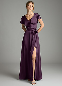 Azazie Lainey Bridesmaid Dresses Plum A-Line with Pockets Stretch Satin Dress image3