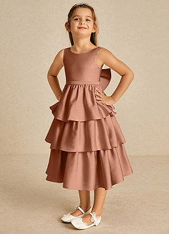 Azazie Margery Flower Girl Dresses Bronzer A-Line Bow Stretch Satin Dress image3