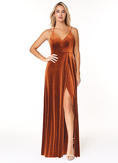 Azazie Sora Bridesmaid Dresses Burnt Orange A-Line Halter Bow Velvet Dress image1