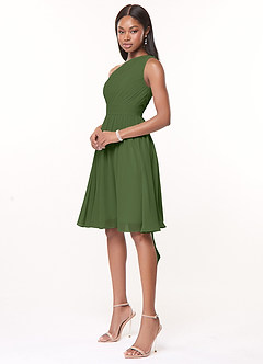 Azazie Katrina Robes de demoiselle d'honneur Robe Trapèze en Mousseline de soie Ue épaule Olive image3