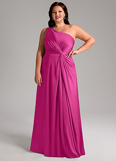 Azazie Brooke Bridesmaid Dresses Fuchsia A-Line One Shoulder Stretch Satin Dress image5