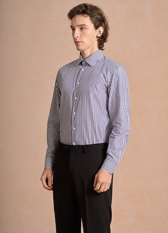 front Aiden White Navy Blue 100% Cotton Non-Iron Striped Dress Shirt