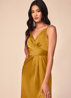Azazie Aqua Bridesmaid Dresses Butterscotch A-Line V-Neck Pleated Stretch Satin Dress image6
