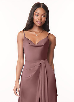 Azazie Brielle Bridesmaid Dresses Vintage Mauve A-Line Cowl Spaghetti Straps Stretch Satin Dress image4
