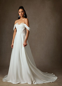 Azazie Ganelle Vestidos de novia Vestido de Blanco Diamante Champán de Satén con cara trasera de crepé de Corte en A con Escote de Corazón image4