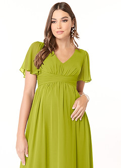 Azazie Verna vestidos de dama de honor de maternidad Vestido de Corte en A Cuello en V fruncido Hasta el suelo Gasa image5