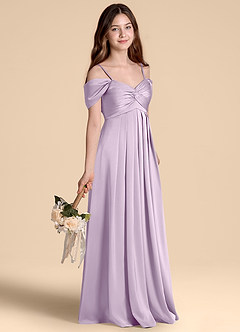 Azazie Kaitlynn Junior Frosted Lilac A-Line Off the Shoulder Stretch Satin Dress image5
