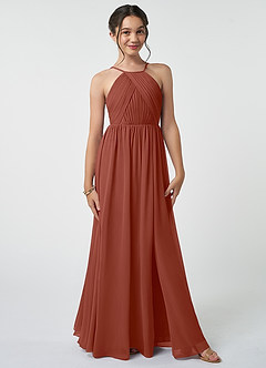 Azazie Leighton Junior A-Linie Plissee Chiffon Kleid Rotbraun image2