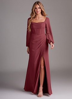 Azazie Charissa Abiti da Damigella Abito Tubino in Chiffon Manica Lunga Merlot image3