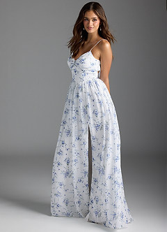 Azazie Zeya Bridesmaid Dresses Blue Cottage Floral A-Line V-Neck Pleated Chiffon Dress image4