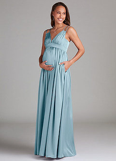 Azazie Emree Maternity Bridesmaid Dresses A-Line Stretch Satin Floor-Length Dress with Pockets image3
