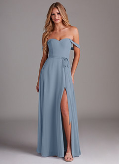 Azazie Aaron Bridesmaid Dresses Dusty Blue A-Line Off the Shoulder Chiffon Convertible Dress image1