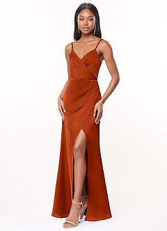 Azazie Maci Robes de demoiselle d'honneur Robe Trapèze en Satin extensible Col V plissé Paprika image3