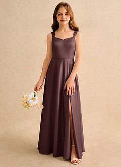 Azazie Makani Girls Formal Robe Demoiselle D'honneur Fillette Robe Trapèze en Mat Satiné Encolure en Forme de Cœur Expresso image4