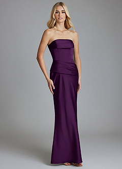 Azazie Lenya Vestidos de damas de honor Vestido de Uva de Satén Elástico de Corte Recto con Plisado image5