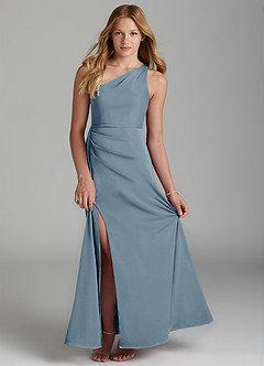 Azazie Maron Junior Dusty Blue A-Line Pleated Stretch Satin Dress image1