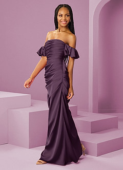 Barbie ♥ Azazie Jurken voor bruidsmeisjes Converteerbaar Jurk van Stretch Satijn met Kolom Off the Shoulder Pruim image4