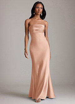 Azazie Saylor Vestidos de damas de honor Vestido de Oro Rosa de Satén Elástico de Corte Sirena con Sin tirantes image2