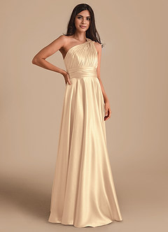 Azazie Charlize Bridesmaid Dresses Gold A-Line One Shoulder Metallic Satin Dress image3