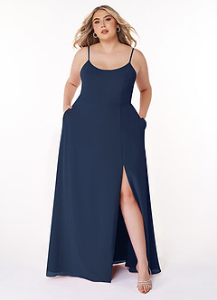 Azazie Moira Jurken voor bruidsmeisjes Jurk van Chiffon met A-Lijn Schop Donkere Marine image8