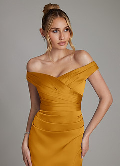 Azazie Teyana Jurken voor bruidsmeisjes Jurk van Stretch Satijn met Kolom Off the Shoulder Boterbabbelaar image2