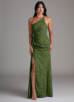 Azazie Mika Bridesmaid Dresses Olive Sheath One Shoulder Floral Burnout Dress image3