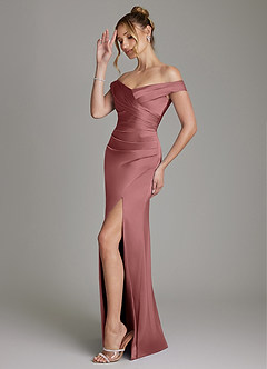 Azazie Teyana Bridesmaid Dresses Amethyst Sheath Off the Shoulder Stretch Satin Dress image5