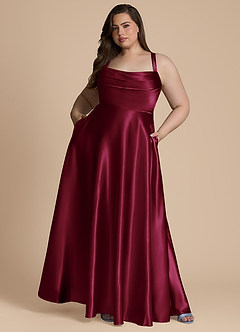 Azazie Shaude Bridesmaid Dresses Burgundy A-Line Pleated Metallic Satin Dress image8