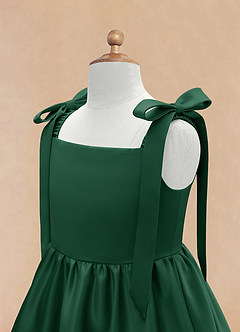 Azazie Chelsie Flower Girl Dresses Dark Green A-Line Bow Matte Satin Dress image8