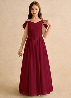Azazie Chelo Girls Formal Abiti da Ragazza di Fiori Abito A-Line in Chiffon Plissettato Borgogna image5