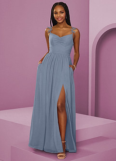 Barbie ♥ Azazie Jurken voor bruidsmeisjes Jurk van Chiffon met A-Lijn Geplooid Stoffig Blauw image9