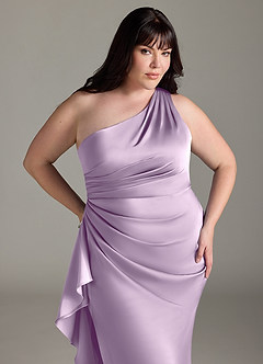 Azazie Latrice Bridesmaid Dresses Frosted Lilac Sheath One Shoulder Cascading Ruffles Stretch Satin Dress image10