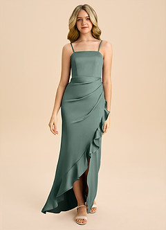 Azazie Buzzy Junior Sea Moss Sheath Pleated Stretch Satin Dress image4