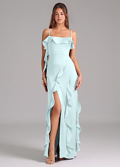 Azazie Malia Robes de demoiselle d'honneur Robe Trapèze en Satin extensible Fente Latérale Verre De Mer image3