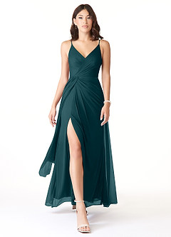 Azazie Evalin Bridesmaid Dresses Pine A-Line V-Neck Pleated Mesh Dress image1