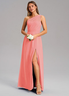 Azazie Phaedra Bridesmaid Dresses Coral A-Line One Shoulder Chiffon Dress image4