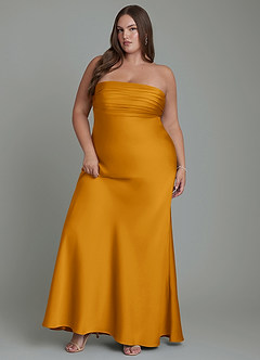 Azazie Saylor Vestidos de damas de honor Vestido Caramelo de Satén Elástico de Corte Sirena con Palabra de honor image11