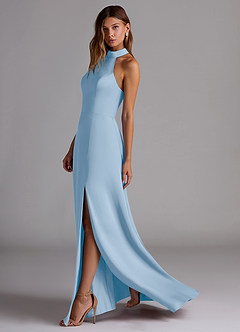 Azazie Myra Bridesmaid Dresses Powder Blue A-Line High Neck Stretch Satin Dress image5