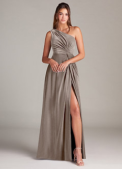 Azazie Brooke Bridesmaid Dresses Silver Taupe A-Line One Shoulder Velvet Dress image4