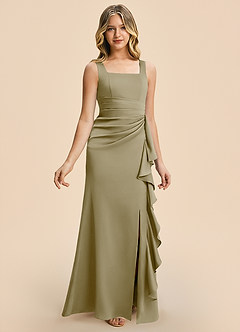 Azazie Adrienne Junior Vestido Musgo Verde de Satén Elástico de Corte Recto con Plisado image6