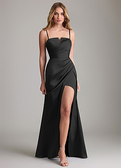 Azazie Danelle Bridesmaid Dresses Black Sheath Pleated Stretch Satin Dress image5