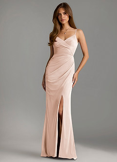 Azazie Maci Bridesmaid Dresses Blushing Pink Sheath Pleated Mesh Dress image1
