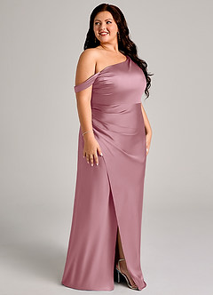 Azazie Madelyn Robes de demoiselle d'honneur Robe Sirène Convertible en Satin extensible Une épaule Mauve Vintage image11