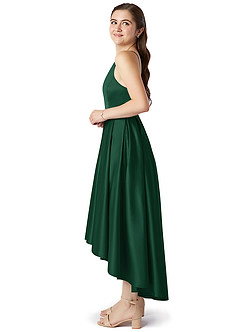 Azazie Jemima Junior Vestido de Verde Oscuro de Satén Elástico de Corte En A con Con bolsillos image3
