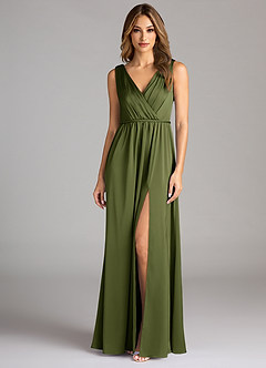 Azazie Tanicia Robes de demoiselle d'honneur Robe Trapèze en Satin extensible Plissée Olive image3