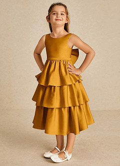 Azazie Margery Flower Girl Dresses Butterscotch A-Line Bow Stretch Satin Dress image3