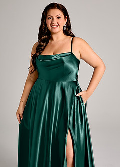 Azazie Elle Jurken voor bruidsmeisjes Jurk van Metaalachtig Satijn met A-Lijn met Zakken Pijnboom image12