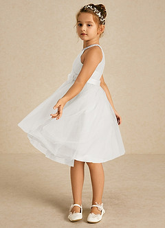 Azazie Honey Flower Girl Dresses Diamond White A-Line Beaded Matte Satin Dress image3
