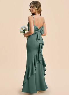 Azazie Lioren Junior Sea Moss Sheath Bow Stretch Satin Dress image4